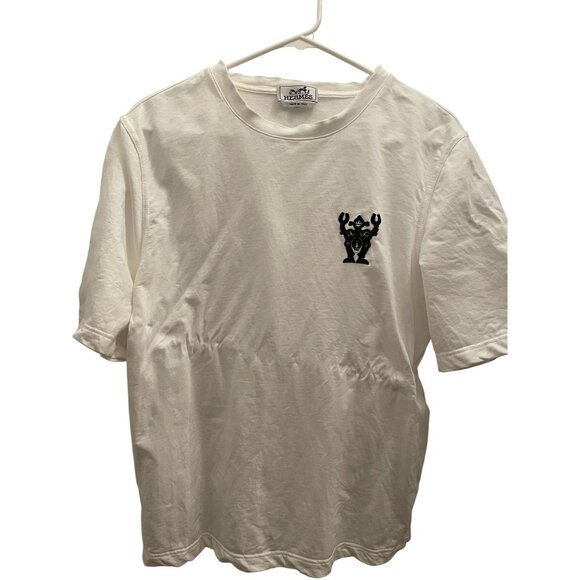 Hermès White Cotton T-Shirt With Black Robot Embroidery Made In Italy Size M - Picture 1 of 8